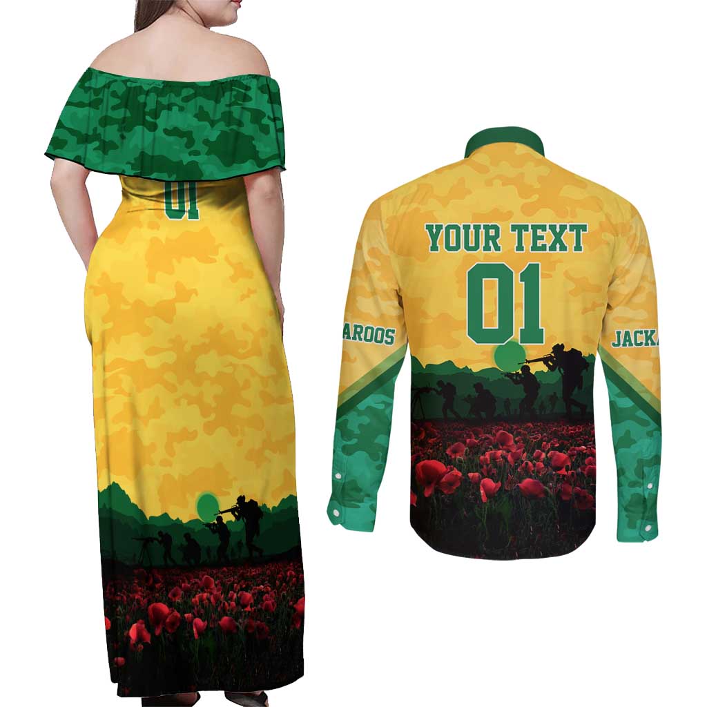 Personalized Australian Jackaroos ANZAC Couples Matching Off Shoulder Maxi Dress and Long Sleeve Button Shirt Poppy Field Soldiers Silhouette Sunset Commemorative Design
