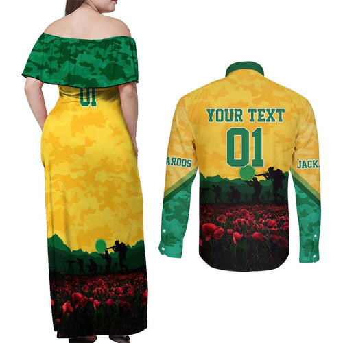 Personalized Australian Jackaroos ANZAC Couples Matching Off Shoulder Maxi Dress and Long Sleeve Button Shirt Poppy Field Soldiers Silhouette Sunset Commemorative Design
