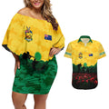 Personalized Australian Jackaroos ANZAC Couples Matching Off Shoulder Short Dress and Hawaiian Shirt Poppy Field Soldiers Silhouette Sunset Commemorative Design