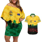 Personalized Australian Jackaroos ANZAC Couples Matching Off Shoulder Short Dress and Hawaiian Shirt Poppy Field Soldiers Silhouette Sunset Commemorative Design