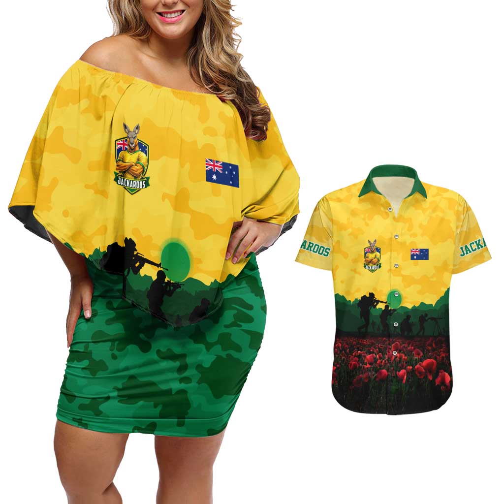 Personalized Australian Jackaroos ANZAC Couples Matching Off Shoulder Short Dress and Hawaiian Shirt Poppy Field Soldiers Silhouette Sunset Commemorative Design