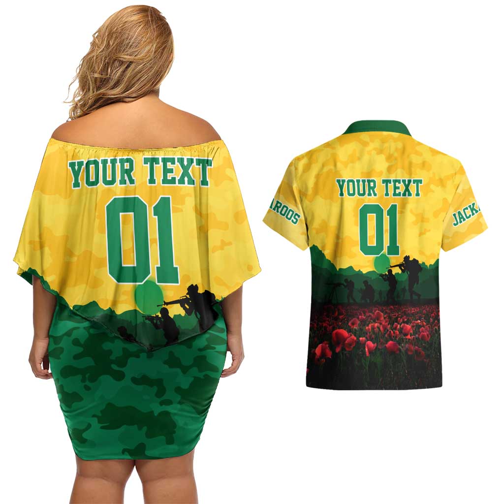Personalized Australian Jackaroos ANZAC Couples Matching Off Shoulder Short Dress and Hawaiian Shirt Poppy Field Soldiers Silhouette Sunset Commemorative Design