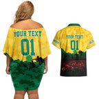 Personalized Australian Jackaroos ANZAC Couples Matching Off Shoulder Short Dress and Hawaiian Shirt Poppy Field Soldiers Silhouette Sunset Commemorative Design