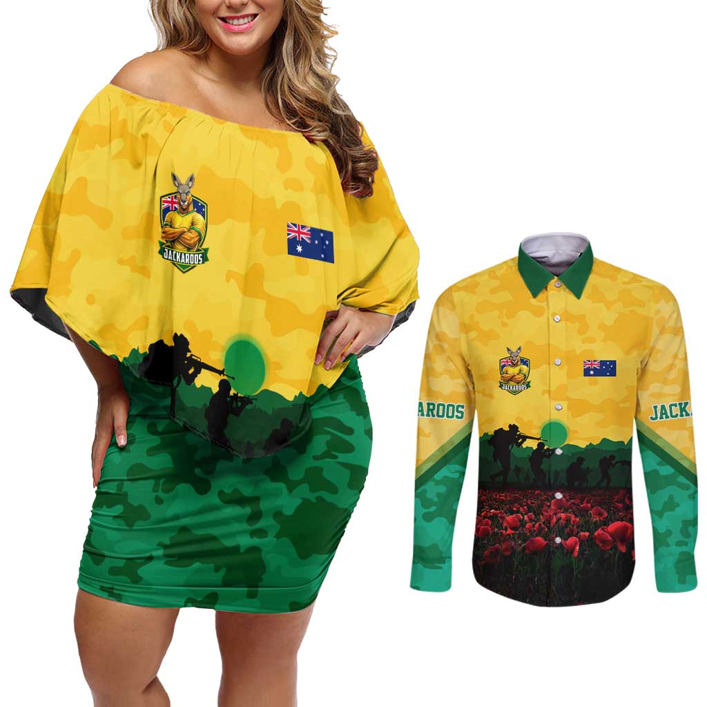 Personalized Australian Jackaroos ANZAC Couples Matching Off Shoulder Short Dress and Long Sleeve Button Shirt Poppy Field Soldiers Silhouette Sunset Commemorative Design