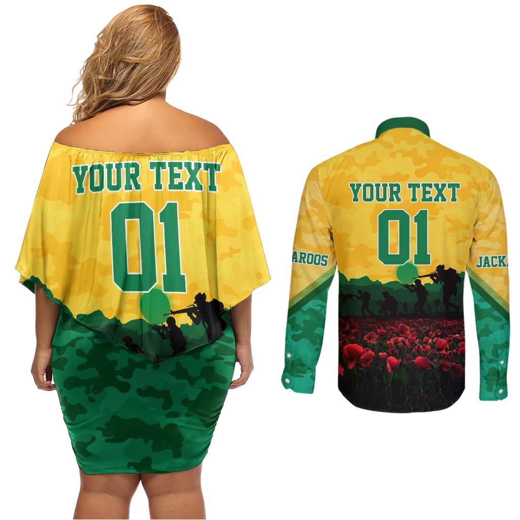 Personalized Australian Jackaroos ANZAC Couples Matching Off Shoulder Short Dress and Long Sleeve Button Shirt Poppy Field Soldiers Silhouette Sunset Commemorative Design