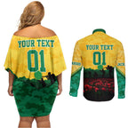 Personalized Australian Jackaroos ANZAC Couples Matching Off Shoulder Short Dress and Long Sleeve Button Shirt Poppy Field Soldiers Silhouette Sunset Commemorative Design