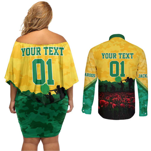 Personalized Australian Jackaroos ANZAC Couples Matching Off Shoulder Short Dress and Long Sleeve Button Shirt Poppy Field Soldiers Silhouette Sunset Commemorative Design