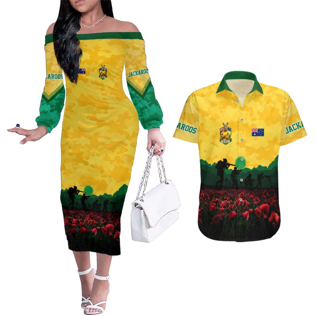 Personalized Australian Jackaroos ANZAC Couples Matching Off The Shoulder Long Sleeve Dress and Hawaiian Shirt Poppy Field Soldiers Silhouette Sunset Commemorative Design