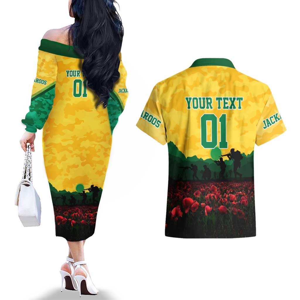 Personalized Australian Jackaroos ANZAC Couples Matching Off The Shoulder Long Sleeve Dress and Hawaiian Shirt Poppy Field Soldiers Silhouette Sunset Commemorative Design