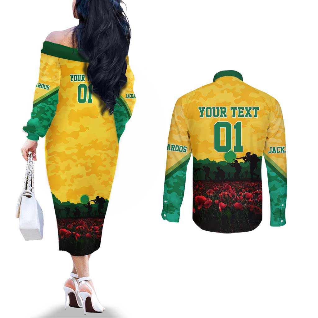 Personalized Australian Jackaroos ANZAC Couples Matching Off The Shoulder Long Sleeve Dress and Long Sleeve Button Shirt Poppy Field Soldiers Silhouette Sunset Commemorative Design