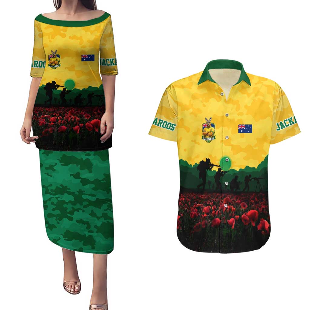 Personalized Australian Jackaroos ANZAC Couples Matching Puletasi and Hawaiian Shirt Poppy Field Soldiers Silhouette Sunset Commemorative Design