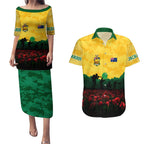 Personalized Australian Jackaroos ANZAC Couples Matching Puletasi and Hawaiian Shirt Poppy Field Soldiers Silhouette Sunset Commemorative Design
