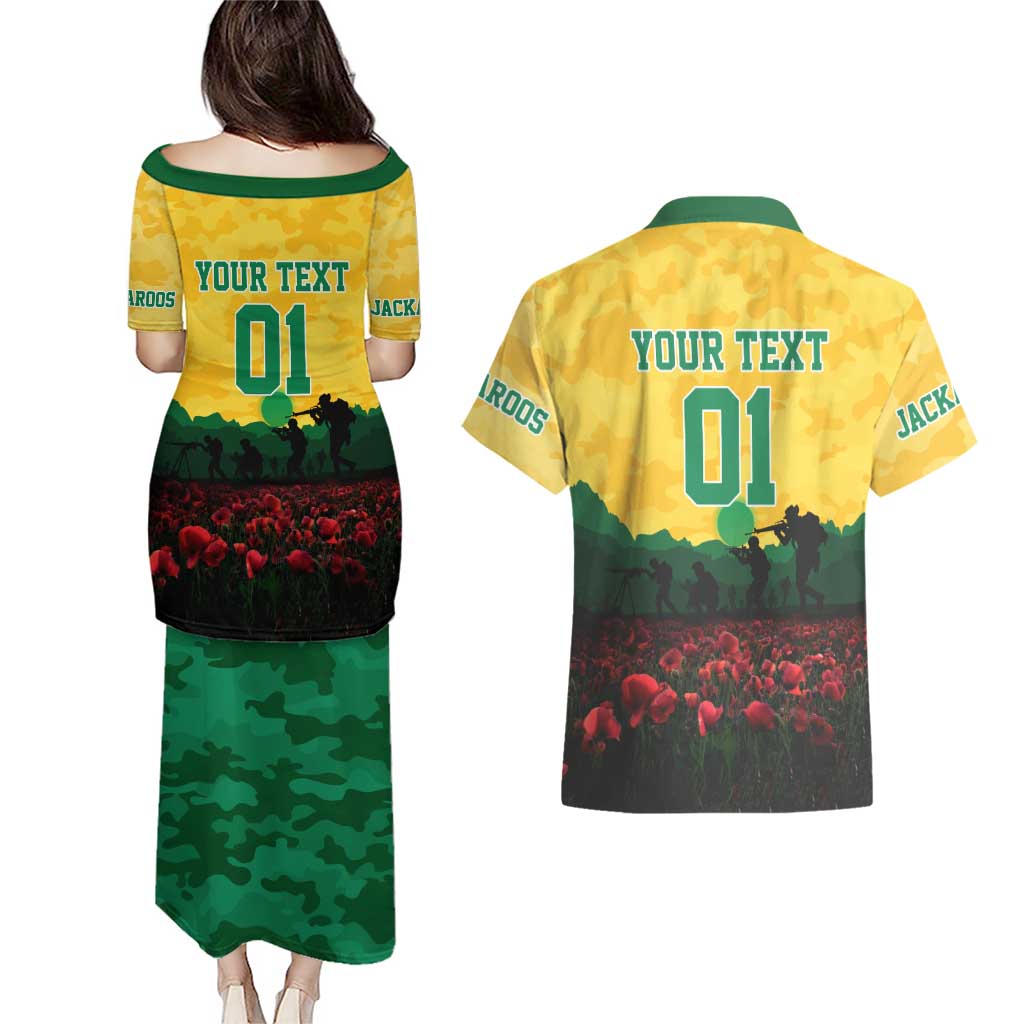 Personalized Australian Jackaroos ANZAC Couples Matching Puletasi and Hawaiian Shirt Poppy Field Soldiers Silhouette Sunset Commemorative Design
