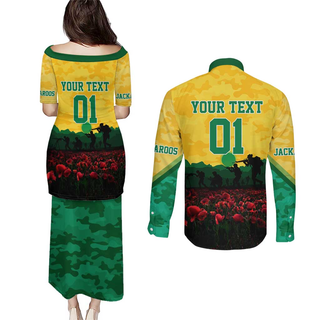 Personalized Australian Jackaroos ANZAC Couples Matching Puletasi and Long Sleeve Button Shirt Poppy Field Soldiers Silhouette Sunset Commemorative Design