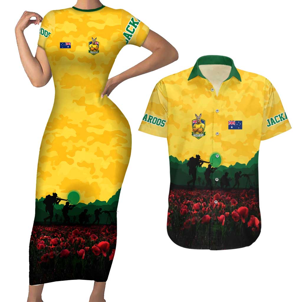 Personalized Australian Jackaroos ANZAC Couples Matching Short Sleeve Bodycon Dress and Hawaiian Shirt Poppy Field Soldiers Silhouette Sunset Commemorative Design