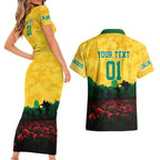 Personalized Australian Jackaroos ANZAC Couples Matching Short Sleeve Bodycon Dress and Hawaiian Shirt Poppy Field Soldiers Silhouette Sunset Commemorative Design