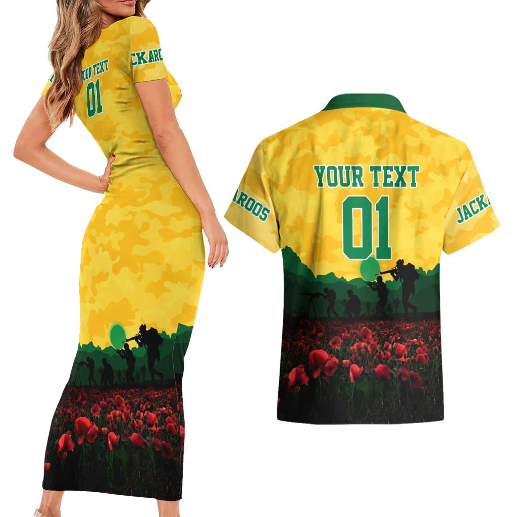 Personalized Australian Jackaroos ANZAC Couples Matching Short Sleeve Bodycon Dress and Hawaiian Shirt Poppy Field Soldiers Silhouette Sunset Commemorative Design