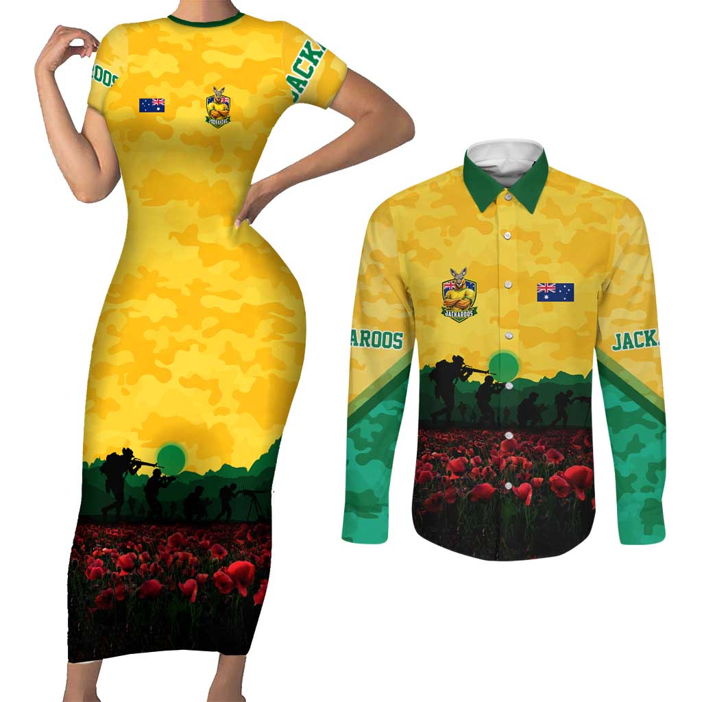 Personalized Australian Jackaroos ANZAC Couples Matching Short Sleeve Bodycon Dress and Long Sleeve Button Shirt Poppy Field Soldiers Silhouette Sunset Commemorative Design