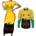 Personalized Australian Jackaroos ANZAC Couples Matching Short Sleeve Bodycon Dress and Long Sleeve Button Shirt Poppy Field Soldiers Silhouette Sunset Commemorative Design