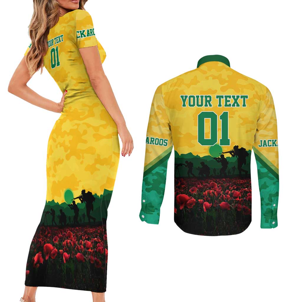 Personalized Australian Jackaroos ANZAC Couples Matching Short Sleeve Bodycon Dress and Long Sleeve Button Shirt Poppy Field Soldiers Silhouette Sunset Commemorative Design