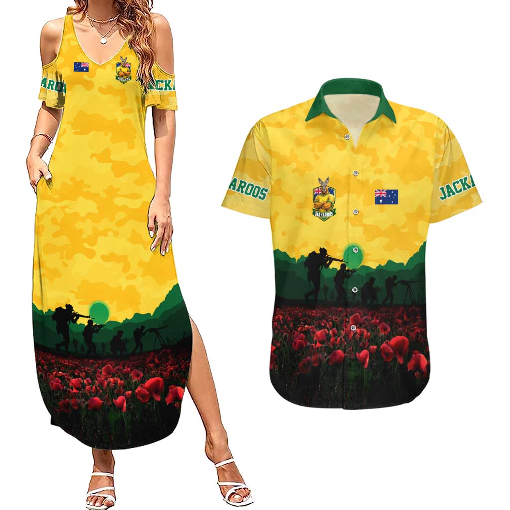 Personalized Australian Jackaroos ANZAC Couples Matching Summer Maxi Dress and Hawaiian Shirt Poppy Field Soldiers Silhouette Sunset Commemorative Design