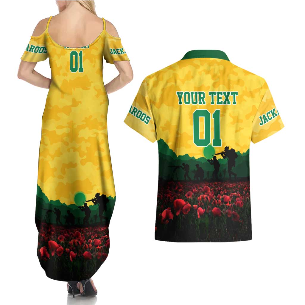 Personalized Australian Jackaroos ANZAC Couples Matching Summer Maxi Dress and Hawaiian Shirt Poppy Field Soldiers Silhouette Sunset Commemorative Design
