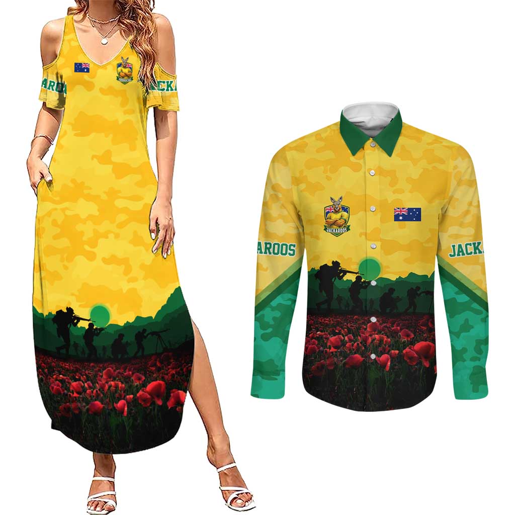 Personalized Australian Jackaroos ANZAC Couples Matching Summer Maxi Dress and Long Sleeve Button Shirt Poppy Field Soldiers Silhouette Sunset Commemorative Design