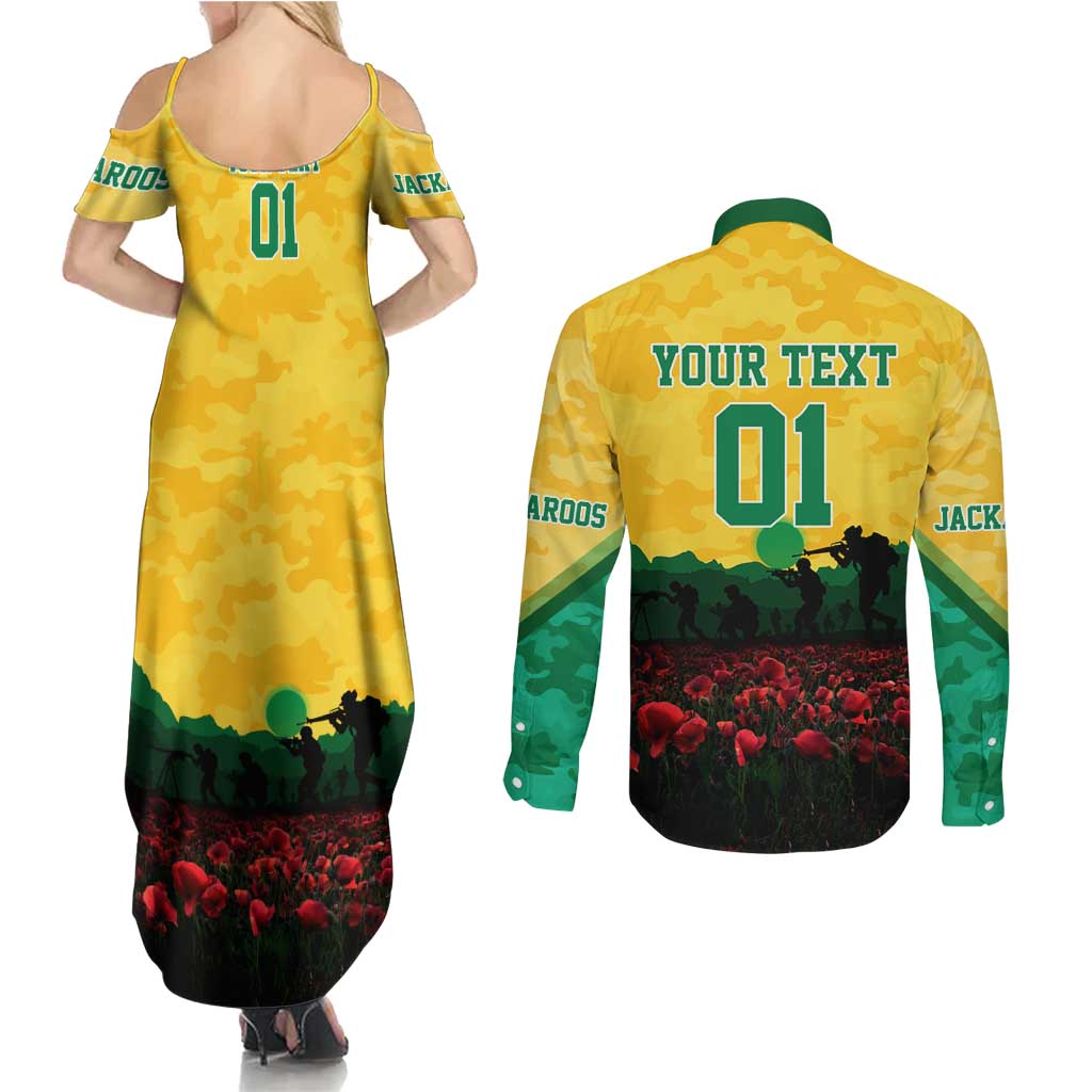 Personalized Australian Jackaroos ANZAC Couples Matching Summer Maxi Dress and Long Sleeve Button Shirt Poppy Field Soldiers Silhouette Sunset Commemorative Design