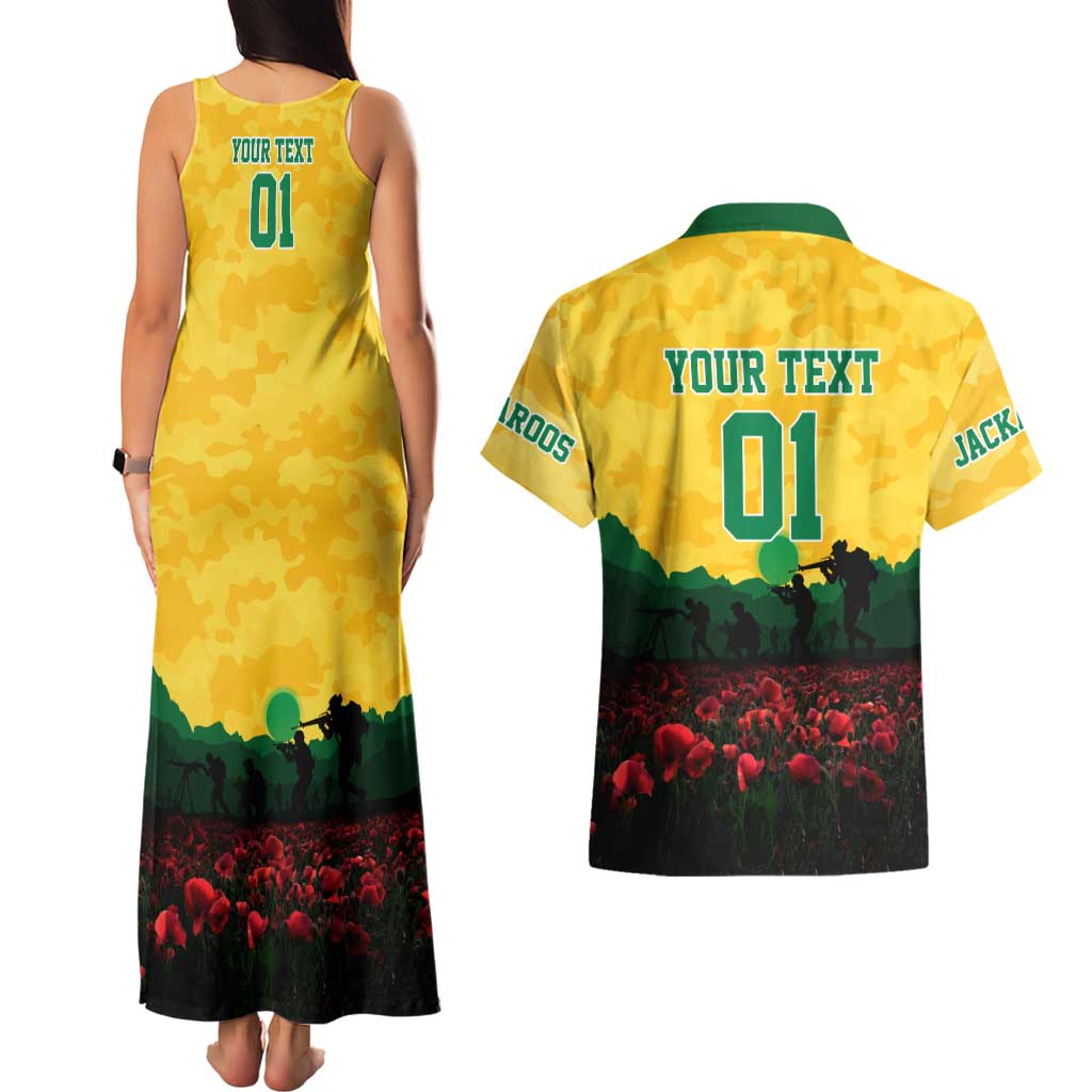 Personalized Australian Jackaroos ANZAC Couples Matching Tank Maxi Dress and Hawaiian Shirt Poppy Field Soldiers Silhouette Sunset Commemorative Design