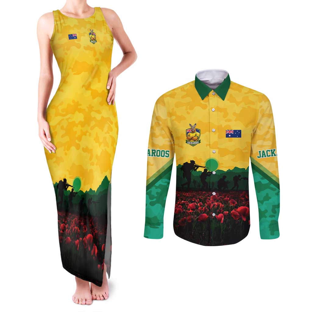 Personalized Australian Jackaroos ANZAC Couples Matching Tank Maxi Dress and Long Sleeve Button Shirt Poppy Field Soldiers Silhouette Sunset Commemorative Design