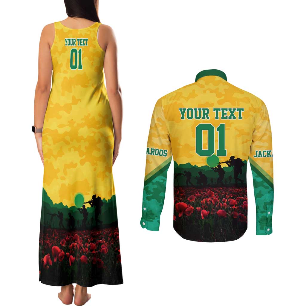 Personalized Australian Jackaroos ANZAC Couples Matching Tank Maxi Dress and Long Sleeve Button Shirt Poppy Field Soldiers Silhouette Sunset Commemorative Design