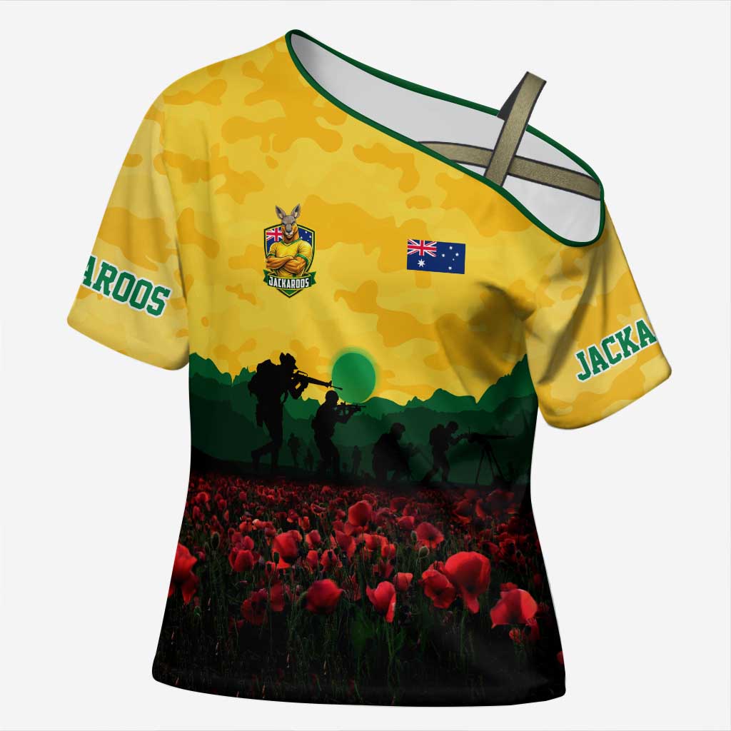 Personalized Australian Jackaroos ANZAC Cross Shoulder Shirt Poppy Field Soldiers Silhouette Sunset Commemorative Design