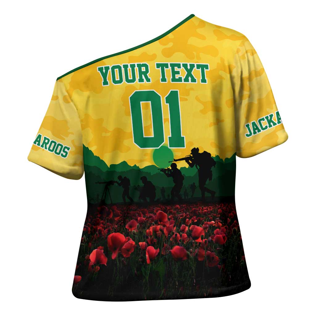 Personalized Australian Jackaroos ANZAC Cross Shoulder Shirt Poppy Field Soldiers Silhouette Sunset Commemorative Design