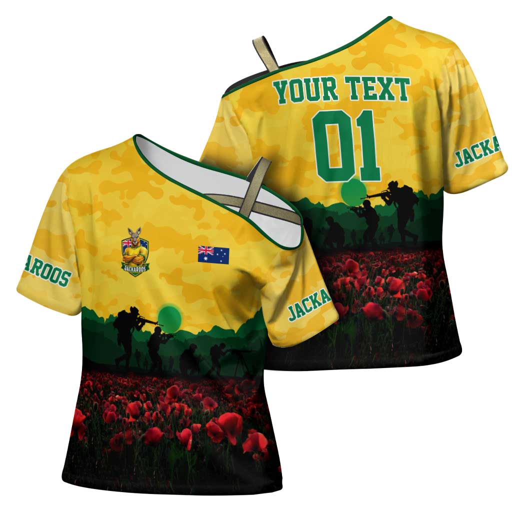 Personalized Australian Jackaroos ANZAC Cross Shoulder Shirt Poppy Field Soldiers Silhouette Sunset Commemorative Design
