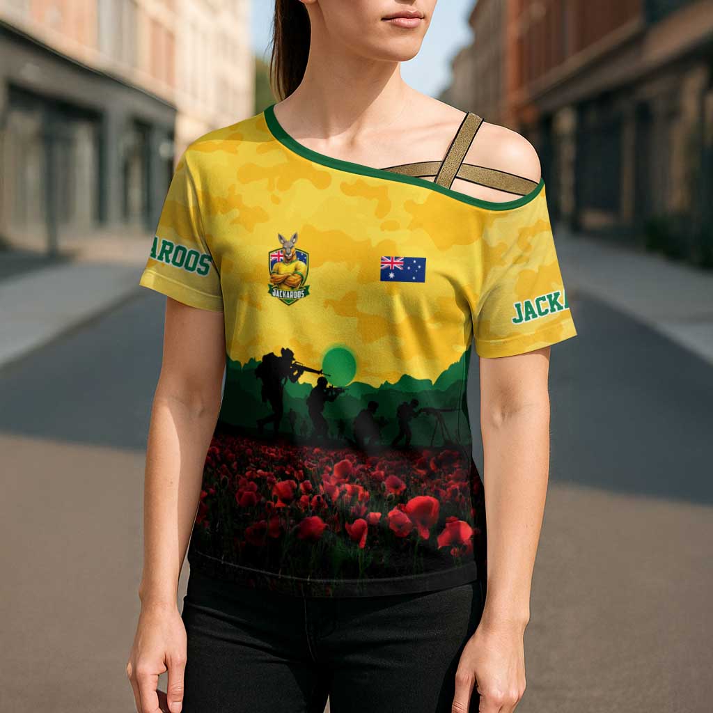 Personalized Australian Jackaroos ANZAC Cross Shoulder Shirt Poppy Field Soldiers Silhouette Sunset Commemorative Design