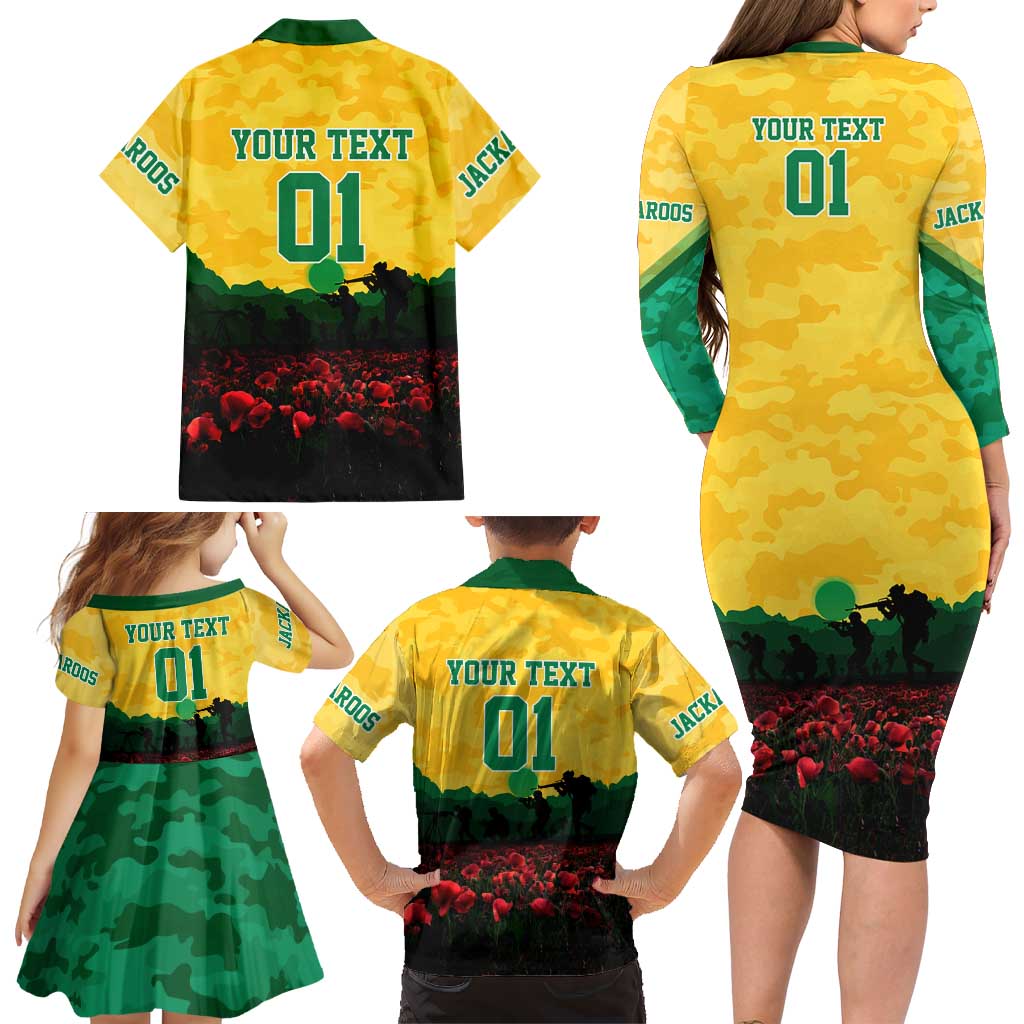 Personalized Australian Jackaroos ANZAC Family Matching Long Sleeve Bodycon Dress and Hawaiian Shirt Poppy Field Soldiers Silhouette Sunset Commemorative Design
