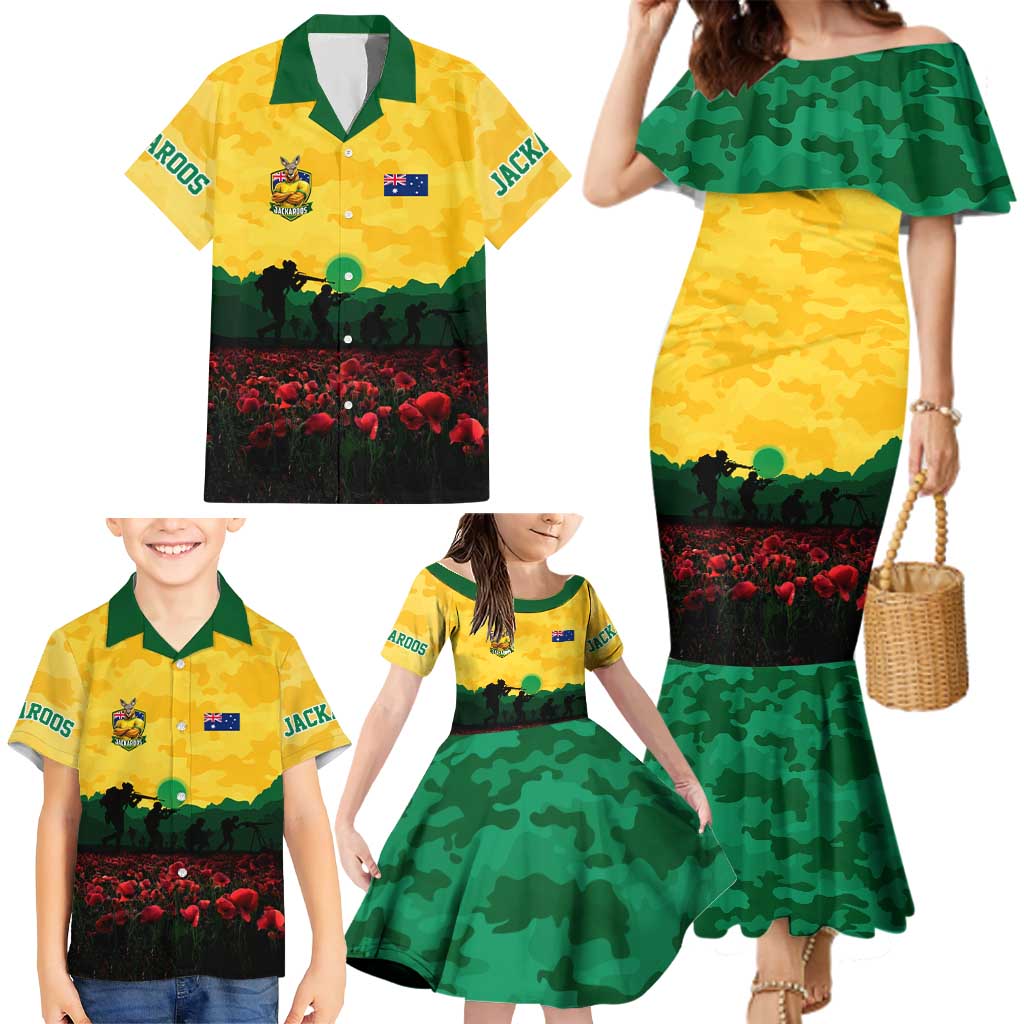 Personalized Australian Jackaroos ANZAC Family Matching Mermaid Dress and Hawaiian Shirt Poppy Field Soldiers Silhouette Sunset Commemorative Design