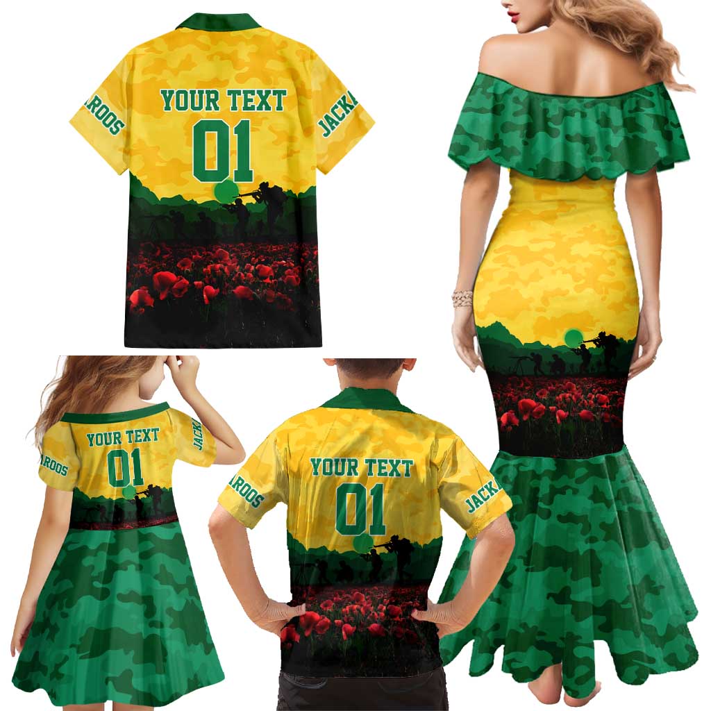Personalized Australian Jackaroos ANZAC Family Matching Mermaid Dress and Hawaiian Shirt Poppy Field Soldiers Silhouette Sunset Commemorative Design