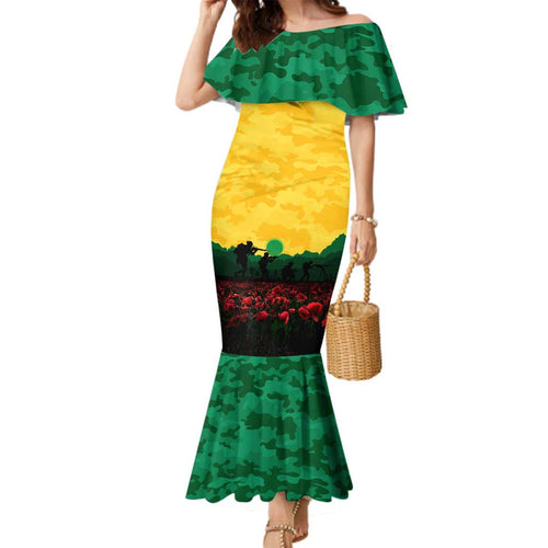 Personalized Australian Jackaroos ANZAC Family Matching Mermaid Dress and Hawaiian Shirt Poppy Field Soldiers Silhouette Sunset Commemorative Design