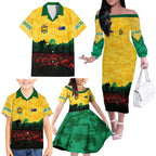 Personalized Australian Jackaroos ANZAC Family Matching Off The Shoulder Long Sleeve Dress and Hawaiian Shirt Poppy Field Soldiers Silhouette Sunset Commemorative Design