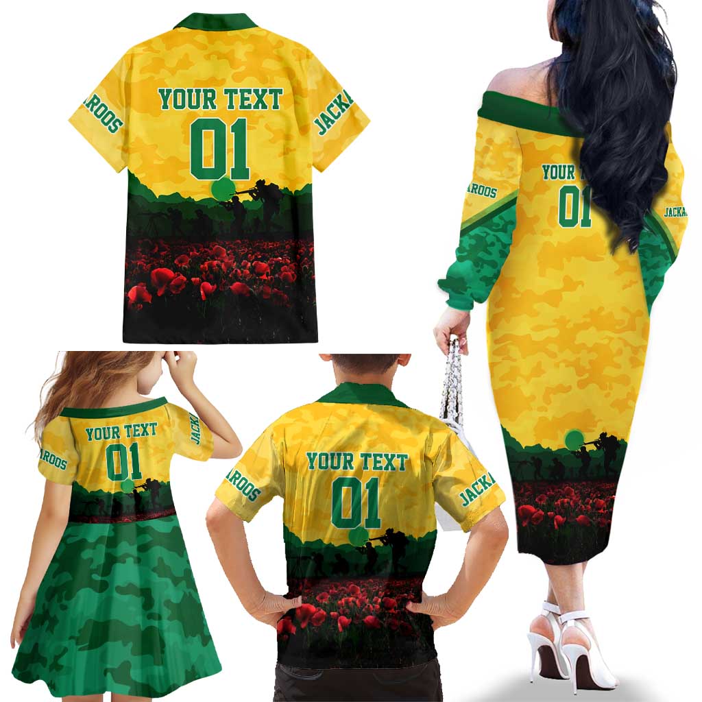 Personalized Australian Jackaroos ANZAC Family Matching Off The Shoulder Long Sleeve Dress and Hawaiian Shirt Poppy Field Soldiers Silhouette Sunset Commemorative Design