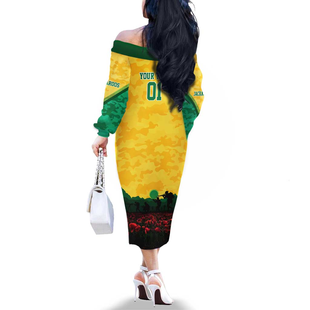 Personalized Australian Jackaroos ANZAC Family Matching Off The Shoulder Long Sleeve Dress and Hawaiian Shirt Poppy Field Soldiers Silhouette Sunset Commemorative Design