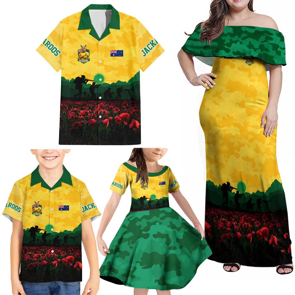 Personalized Australian Jackaroos ANZAC Family Matching Off Shoulder Maxi Dress and Hawaiian Shirt Poppy Field Soldiers Silhouette Sunset Commemorative Design