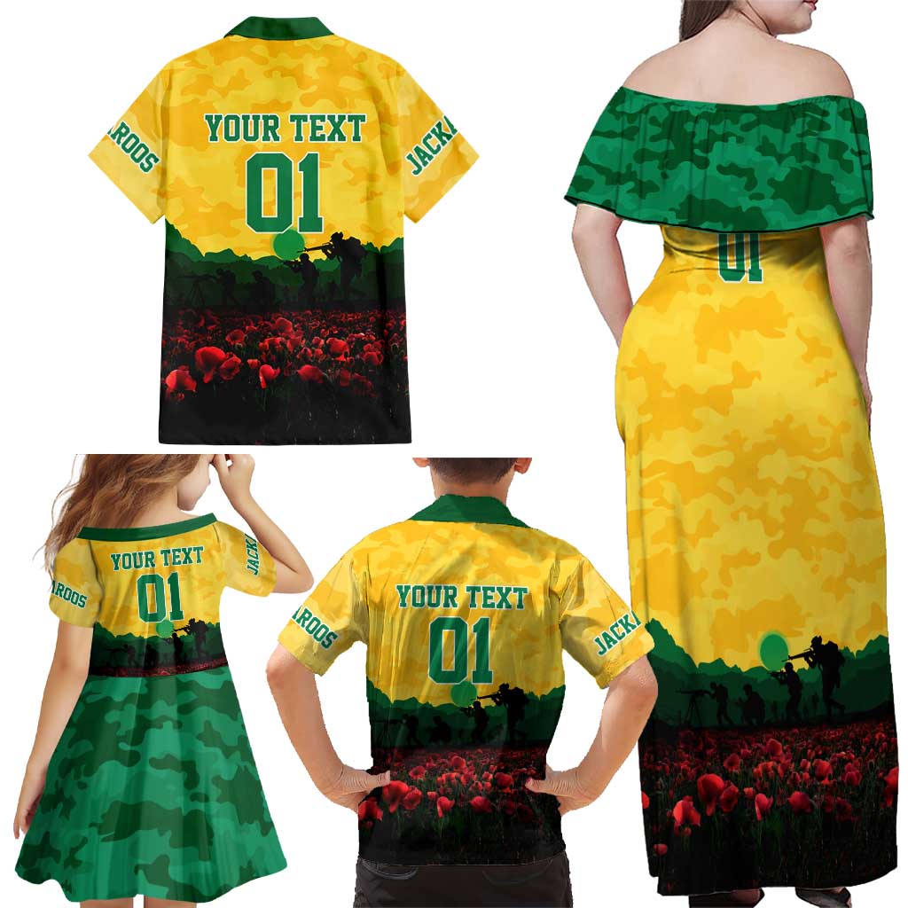 Personalized Australian Jackaroos ANZAC Family Matching Off Shoulder Maxi Dress and Hawaiian Shirt Poppy Field Soldiers Silhouette Sunset Commemorative Design