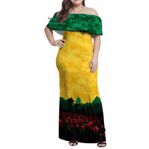 Personalized Australian Jackaroos ANZAC Family Matching Off Shoulder Maxi Dress and Hawaiian Shirt Poppy Field Soldiers Silhouette Sunset Commemorative Design