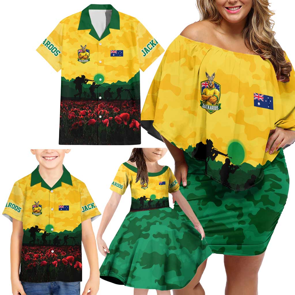 Personalized Australian Jackaroos ANZAC Family Matching Off Shoulder Short Dress and Hawaiian Shirt Poppy Field Soldiers Silhouette Sunset Commemorative Design