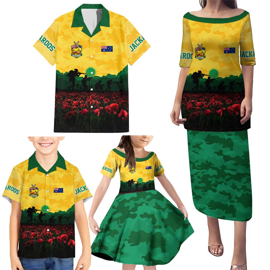 Personalized Australian Jackaroos ANZAC Family Matching Puletasi and Hawaiian Shirt Poppy Field Soldiers Silhouette Sunset Commemorative Design