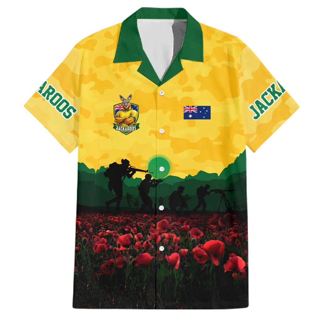 Personalized Australian Jackaroos ANZAC Family Matching Puletasi and Hawaiian Shirt Poppy Field Soldiers Silhouette Sunset Commemorative Design