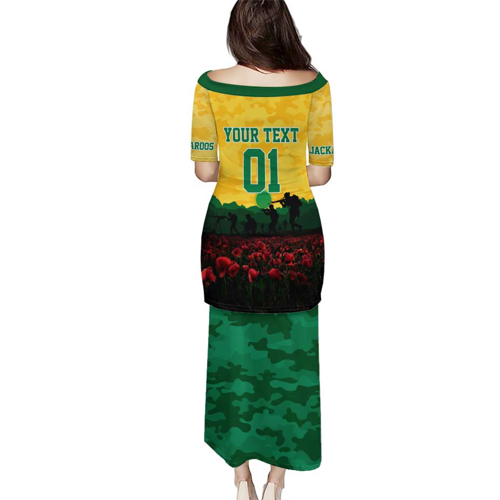 Personalized Australian Jackaroos ANZAC Family Matching Puletasi and Hawaiian Shirt Poppy Field Soldiers Silhouette Sunset Commemorative Design