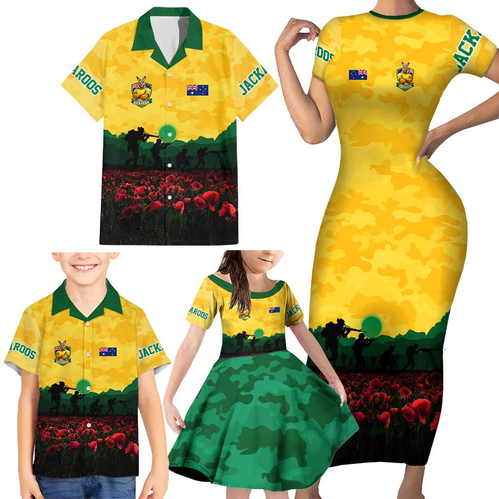 Personalized Australian Jackaroos ANZAC Family Matching Short Sleeve Bodycon Dress and Hawaiian Shirt Poppy Field Soldiers Silhouette Sunset Commemorative Design